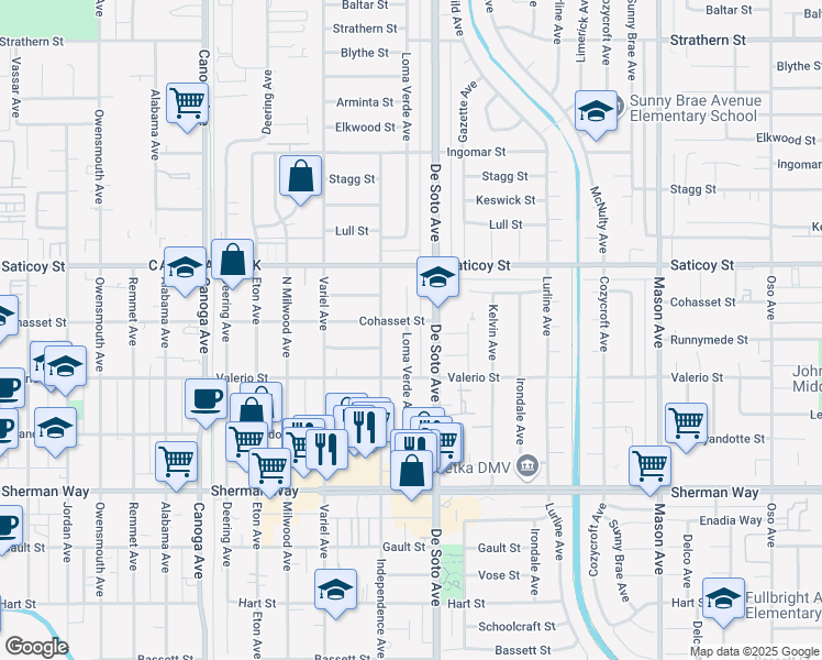 map of restaurants, bars, coffee shops, grocery stores, and more near 7454 Loma Verde Avenue in Los Angeles