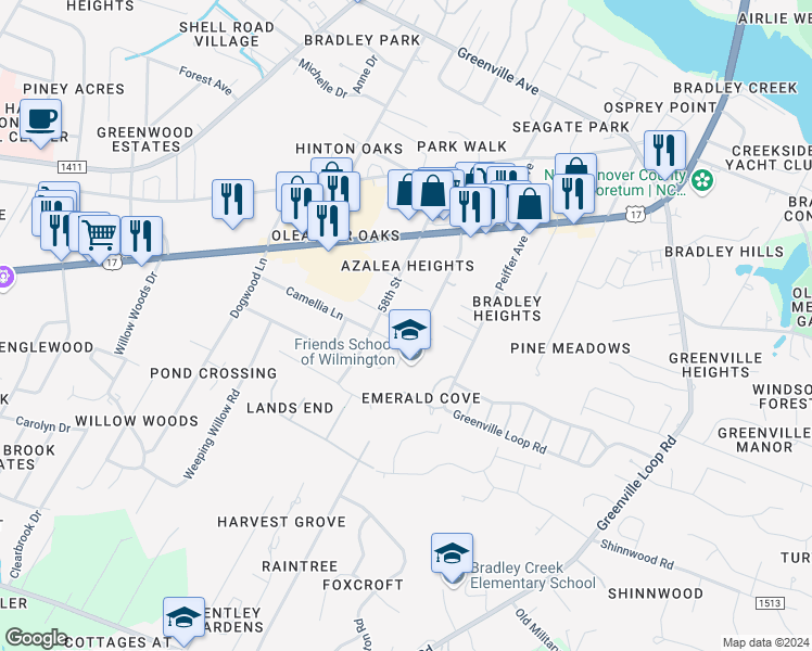 map of restaurants, bars, coffee shops, grocery stores, and more near 5801 Verbenia Drive in Wilmington