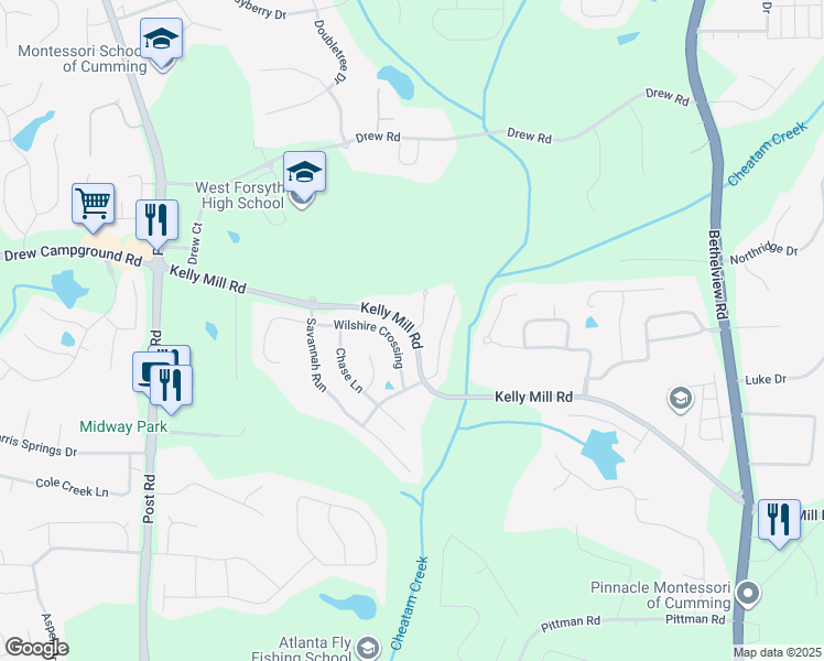 map of restaurants, bars, coffee shops, grocery stores, and more near 4813 Kelly Mill Road in Cumming