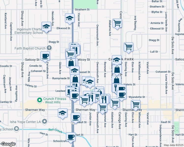 map of restaurants, bars, coffee shops, grocery stores, and more near 7449 Owensmouth Avenue in Los Angeles