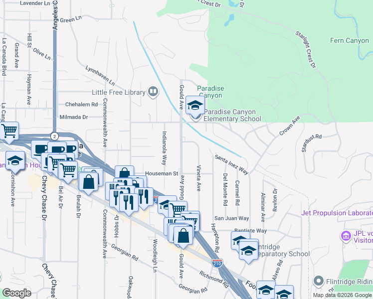 map of restaurants, bars, coffee shops, grocery stores, and more near 4846 Gould Avenue in La Cañada Flintridge