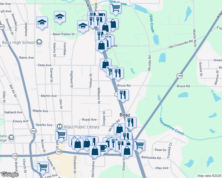 map of restaurants, bars, coffee shops, grocery stores, and more near 1423 U.S. 431 in Boaz