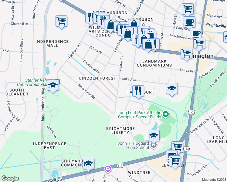 map of restaurants, bars, coffee shops, grocery stores, and more near 3931 Gillette Drive in Wilmington
