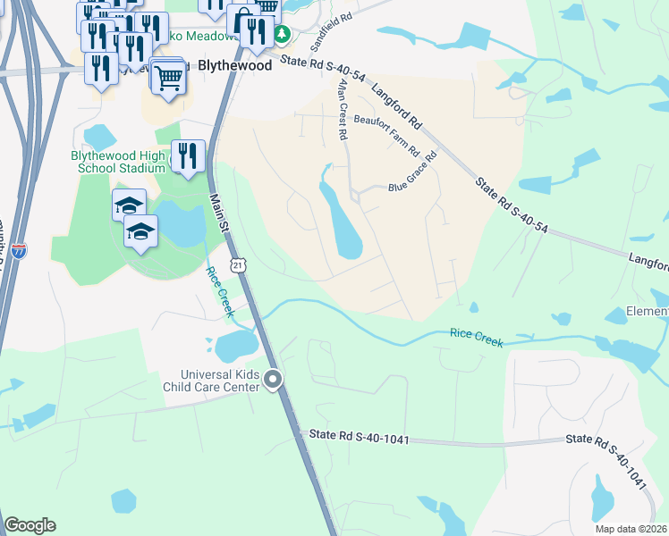 map of restaurants, bars, coffee shops, grocery stores, and more near 38 Gaited Acres Lane in Blythewood