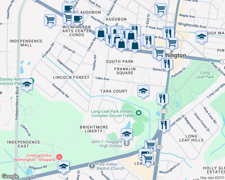 map of restaurants, bars, coffee shops, grocery stores, and more near 1707 Tara Court in Wilmington