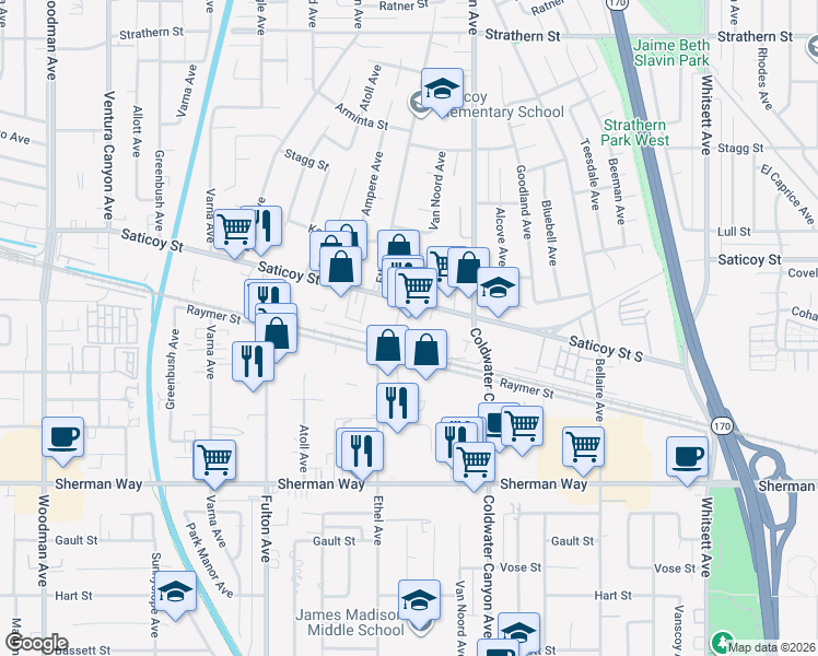 map of restaurants, bars, coffee shops, grocery stores, and more near 13056 Saticoy Street in Los Angeles