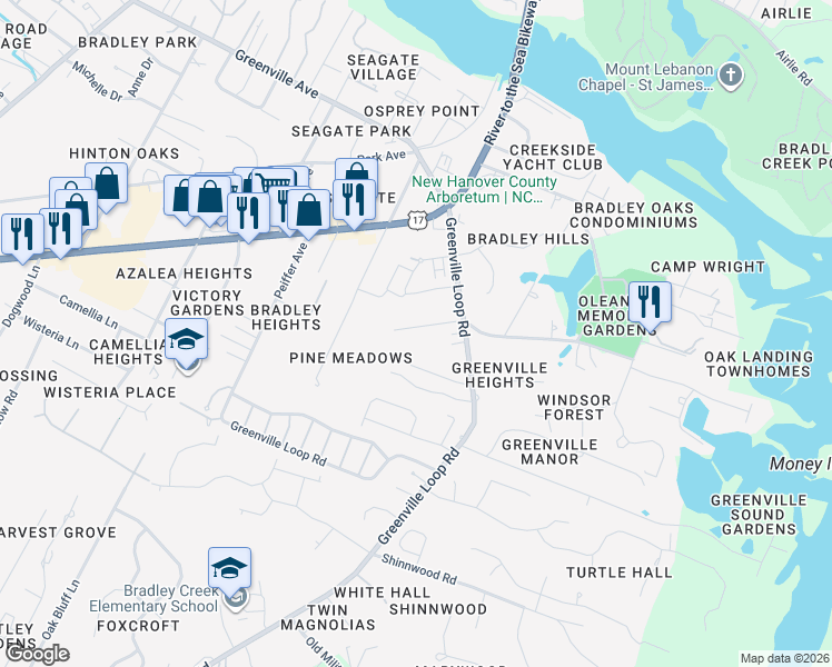 map of restaurants, bars, coffee shops, grocery stores, and more near 6126 Bailey Buck Road in Wilmington