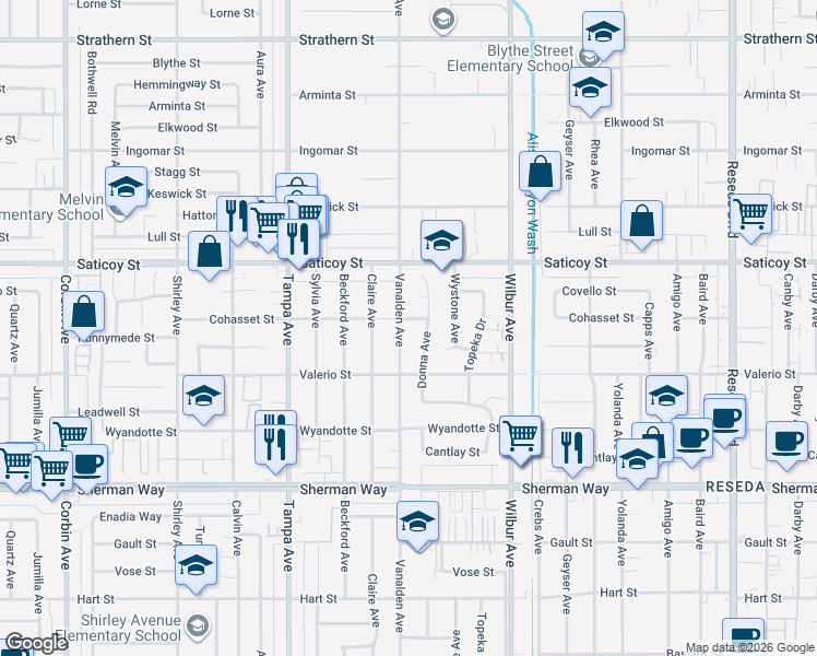 map of restaurants, bars, coffee shops, grocery stores, and more near 7452 Vanalden Avenue in Los Angeles