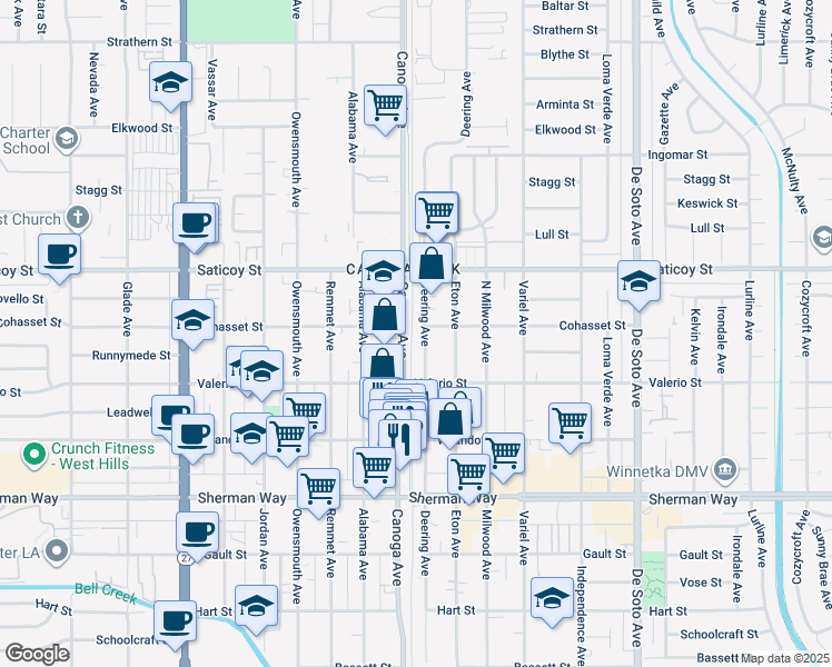 map of restaurants, bars, coffee shops, grocery stores, and more near 7443 Canoga Avenue in Los Angeles