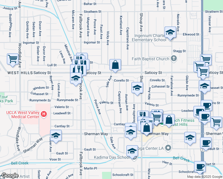 map of restaurants, bars, coffee shops, grocery stores, and more near 7446 Kentland Avenue in Los Angeles