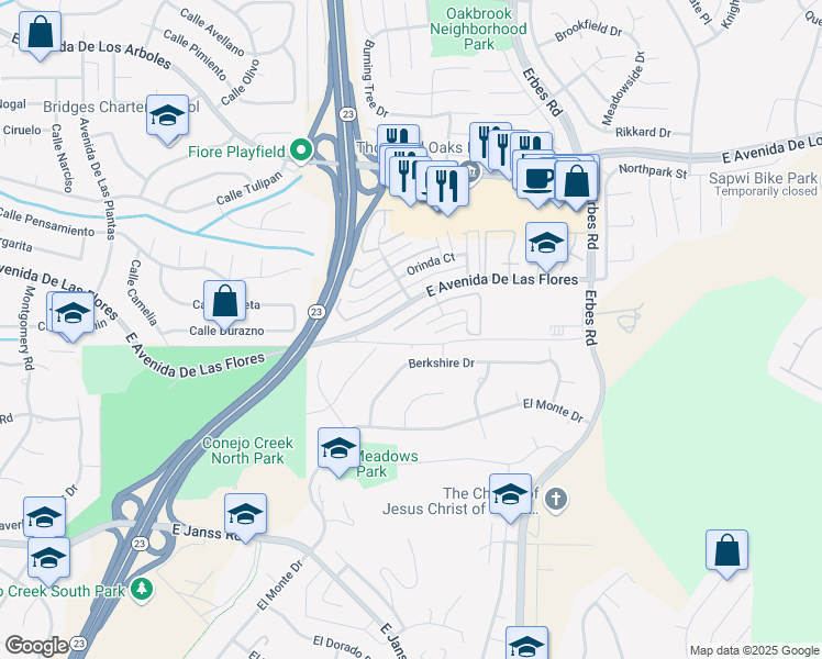 map of restaurants, bars, coffee shops, grocery stores, and more near 1753 Aleppo Court in Thousand Oaks