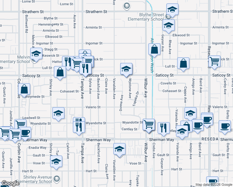 map of restaurants, bars, coffee shops, grocery stores, and more near 7452 Vanalden Avenue in Los Angeles
