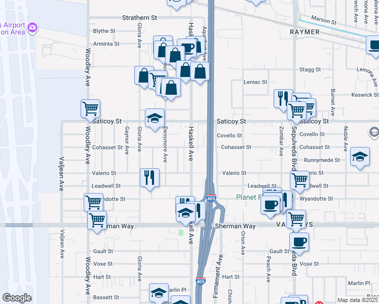 map of restaurants, bars, coffee shops, grocery stores, and more near 7438 Haskell Avenue in Los Angeles