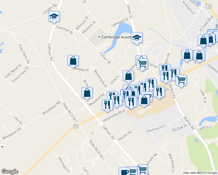 map of restaurants, bars, coffee shops, grocery stores, and more near 141 Country Village Court in Greenwood