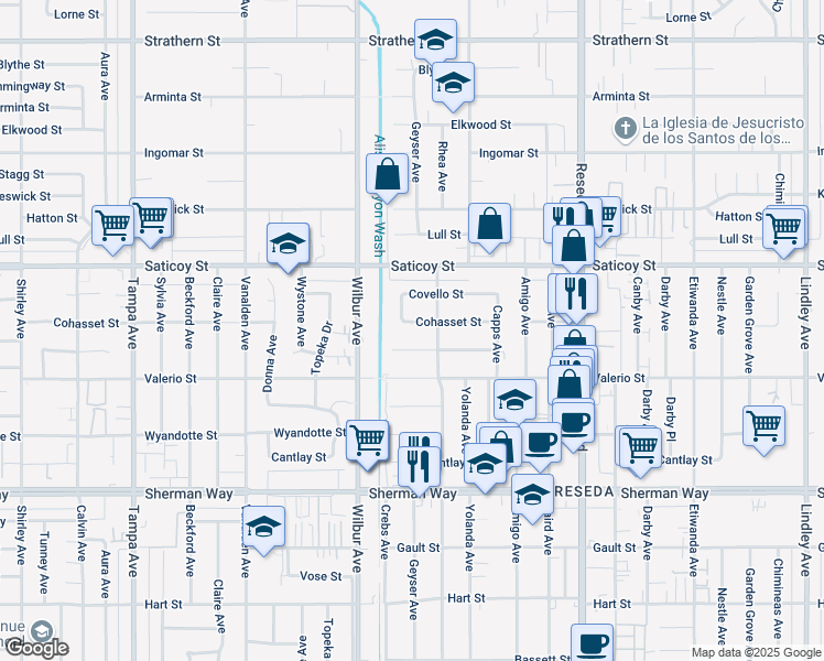 map of restaurants, bars, coffee shops, grocery stores, and more near 18800 Cohasset Street in Los Angeles