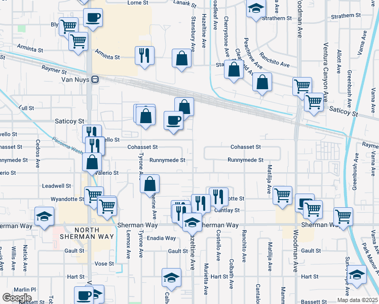 map of restaurants, bars, coffee shops, grocery stores, and more near 7432 Hazeltine Avenue in Los Angeles