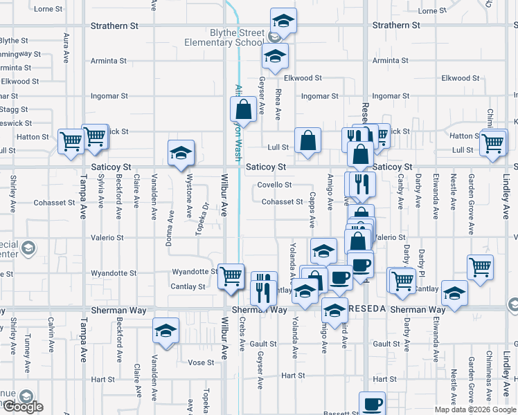 map of restaurants, bars, coffee shops, grocery stores, and more near 18745 Runnymede Street in Los Angeles
