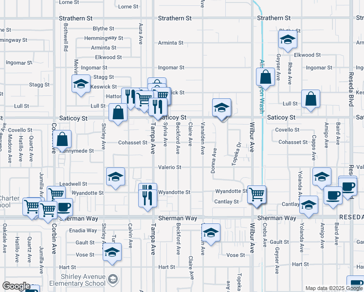 map of restaurants, bars, coffee shops, grocery stores, and more near 7440 Beckford Avenue in Los Angeles