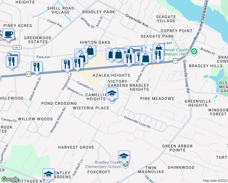 map of restaurants, bars, coffee shops, grocery stores, and more near 5818 Verbenia Drive in Wilmington