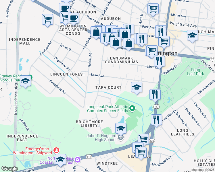 map of restaurants, bars, coffee shops, grocery stores, and more near 1707 Tara Court in Wilmington