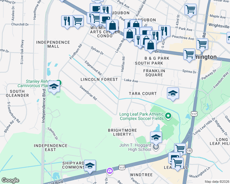 map of restaurants, bars, coffee shops, grocery stores, and more near 3931 Gillette Drive in Wilmington