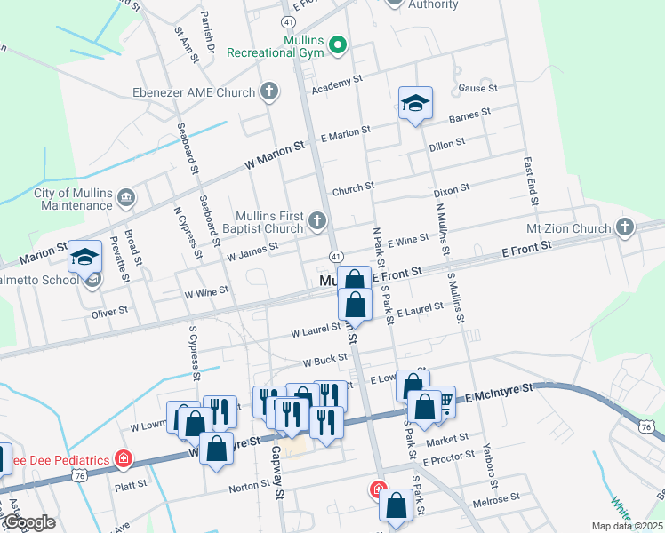 map of restaurants, bars, coffee shops, grocery stores, and more near 138 Northwest Front Street in Mullins