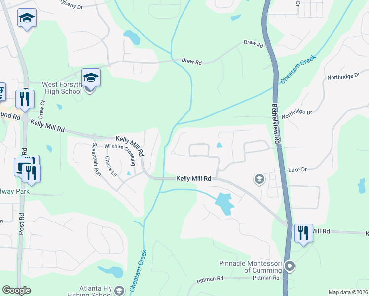 map of restaurants, bars, coffee shops, grocery stores, and more near 4770 Summerhill Drive in Cumming