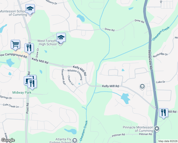 map of restaurants, bars, coffee shops, grocery stores, and more near 4860 Bantry Way in Cumming