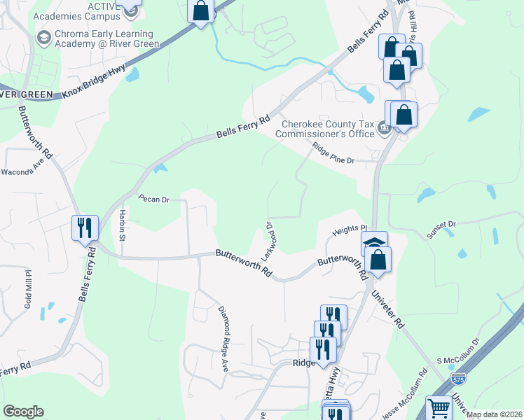 map of restaurants, bars, coffee shops, grocery stores, and more near 1511 Larkwood Drive in Canton