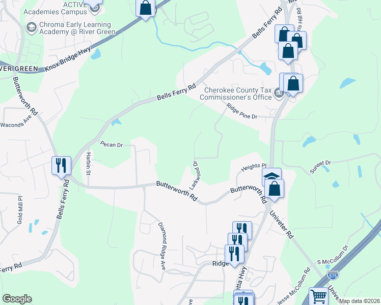 map of restaurants, bars, coffee shops, grocery stores, and more near 1511 Larkwood Drive in Canton