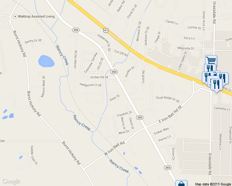 map of restaurants, bars, coffee shops, grocery stores, and more near 13 Dean Manor Way in Cartersville