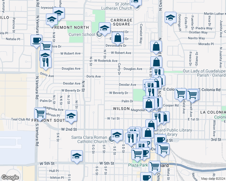 map of restaurants, bars, coffee shops, grocery stores, and more near 607 West Beverly Drive in Oxnard