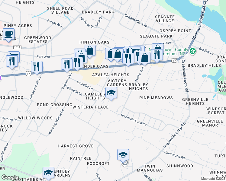 map of restaurants, bars, coffee shops, grocery stores, and more near 5818 Verbenia Drive in Wilmington
