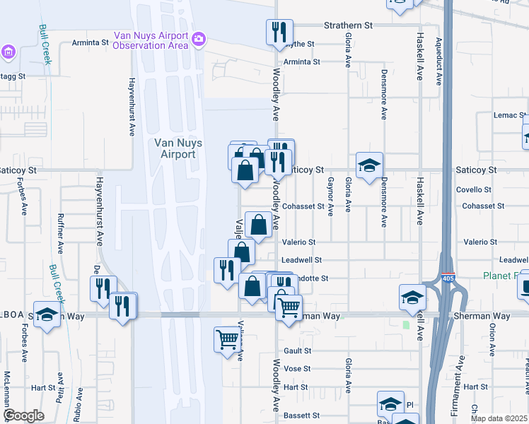map of restaurants, bars, coffee shops, grocery stores, and more near 16135 Runnymede St in Los Angeles
