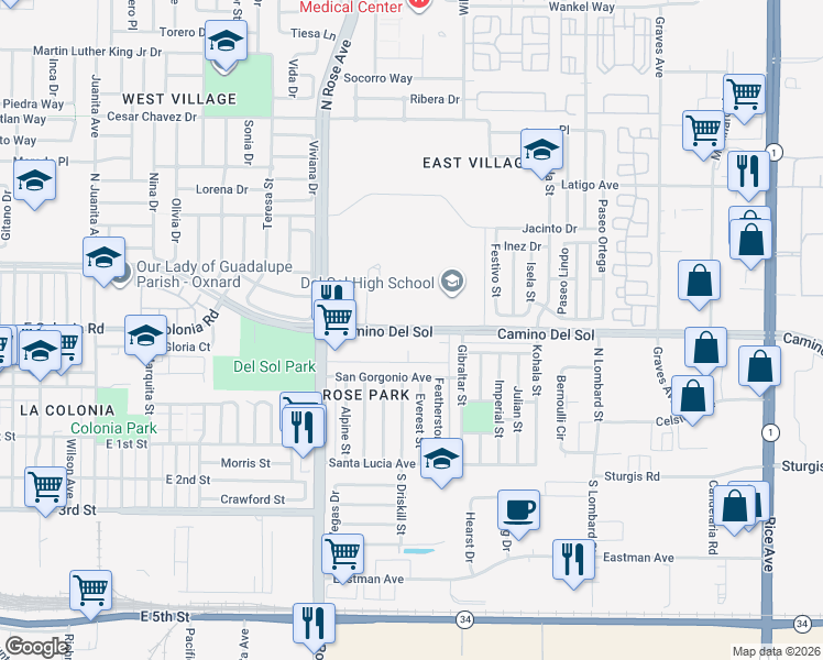 map of restaurants, bars, coffee shops, grocery stores, and more near 1948 Camino Del Sol in Oxnard