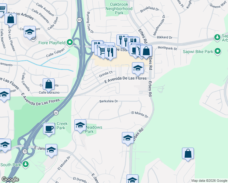 map of restaurants, bars, coffee shops, grocery stores, and more near 1826 Aleppo Court in Thousand Oaks