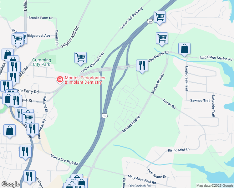 map of restaurants, bars, coffee shops, grocery stores, and more near 1500 Westshore Drive in Cumming