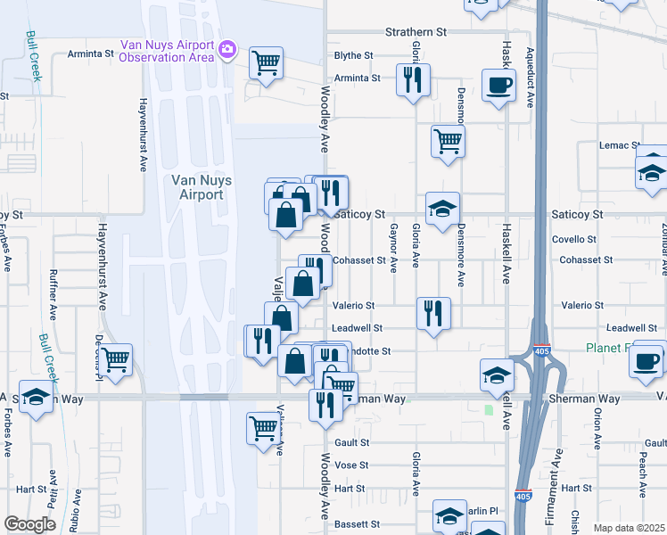 map of restaurants, bars, coffee shops, grocery stores, and more near 7450 Woodley Avenue in Los Angeles