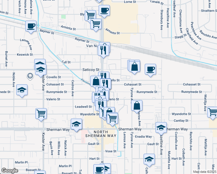 map of restaurants, bars, coffee shops, grocery stores, and more near 7459 Sylmar Avenue in Los Angeles