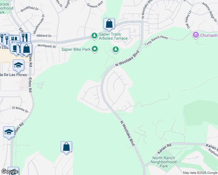 map of restaurants, bars, coffee shops, grocery stores, and more near 2054 Hathaway Boulevard in Westlake Village
