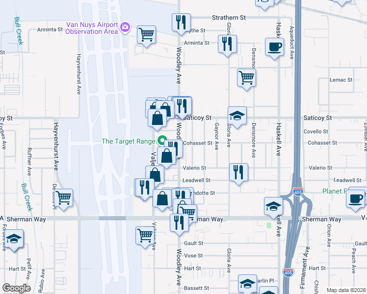 map of restaurants, bars, coffee shops, grocery stores, and more near 7452 Woodley Avenue in Los Angeles