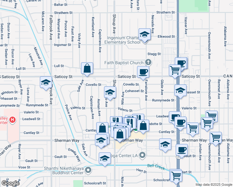 map of restaurants, bars, coffee shops, grocery stores, and more near 7458 Shoup Avenue in Los Angeles