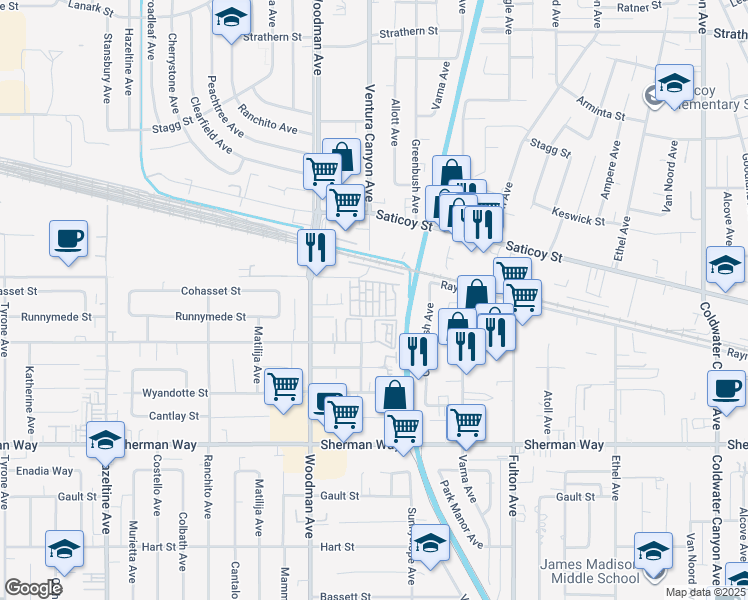 map of restaurants, bars, coffee shops, grocery stores, and more near 7560 Woodman Place in Los Angeles
