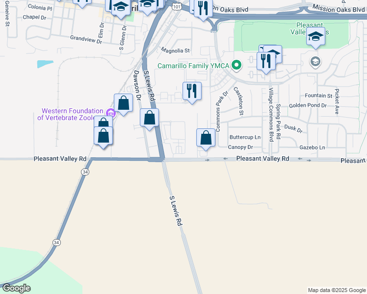map of restaurants, bars, coffee shops, grocery stores, and more near 2 Camarillo Street in Camarillo