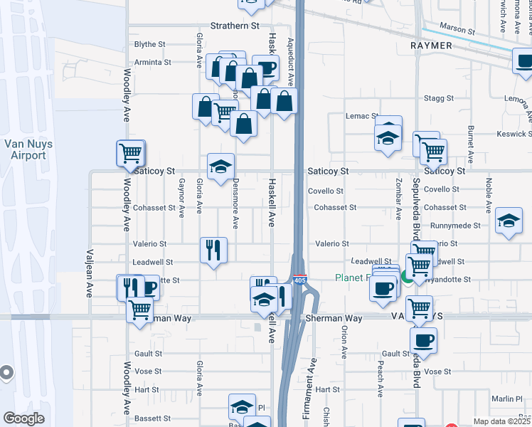 map of restaurants, bars, coffee shops, grocery stores, and more near 7453 Haskell Avenue in Los Angeles