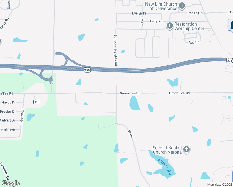 map of restaurants, bars, coffee shops, grocery stores, and more near 1201 Green Tee Road in Tupelo