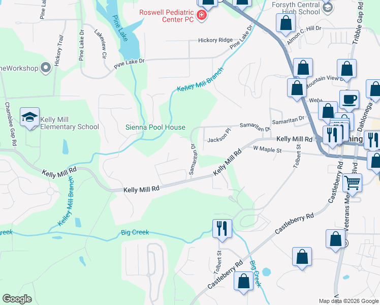 map of restaurants, bars, coffee shops, grocery stores, and more near 529 Samaritan Dr in Cumming