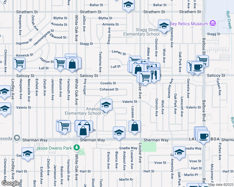 map of restaurants, bars, coffee shops, grocery stores, and more near 17458 Runnymede Street in Los Angeles