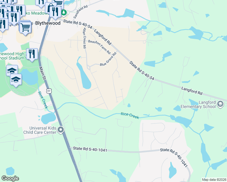 map of restaurants, bars, coffee shops, grocery stores, and more near 1201 Deep Creek Road in Blythewood