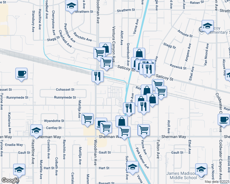 map of restaurants, bars, coffee shops, grocery stores, and more near 7560 Woodman Place in Los Angeles